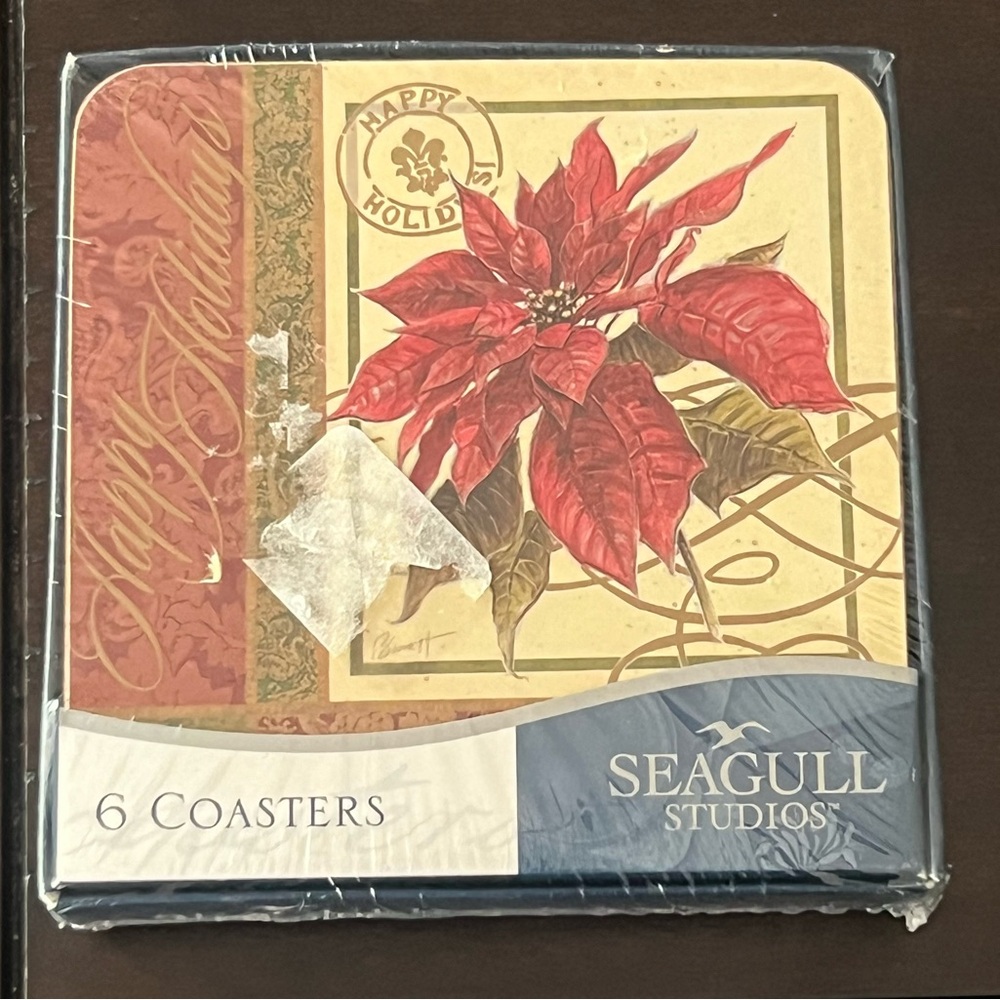 seagull studios coasters poinsettias happy holidays christmas decor